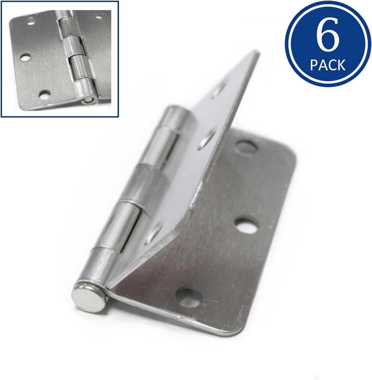 6 Pack Brushed Nickel Finish Door Hinges 3.5 by 3.5 inch with 1/4