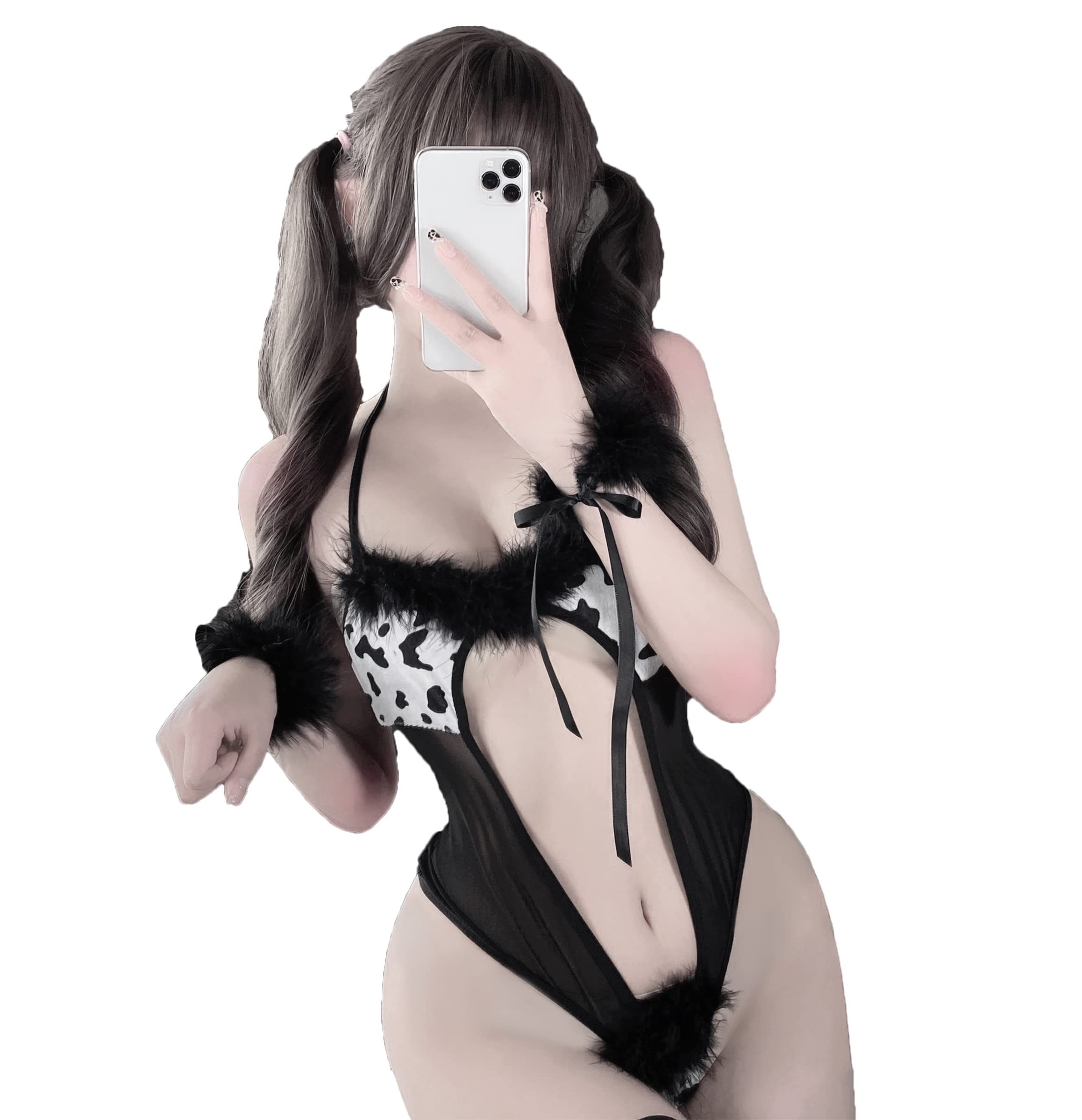 Sexy Cow Cosplay Lingerie Naughty Maid Costume Kawaii Anime Micro Bikini Furry Mesh Teddy Bodysuit Japanese Underwear