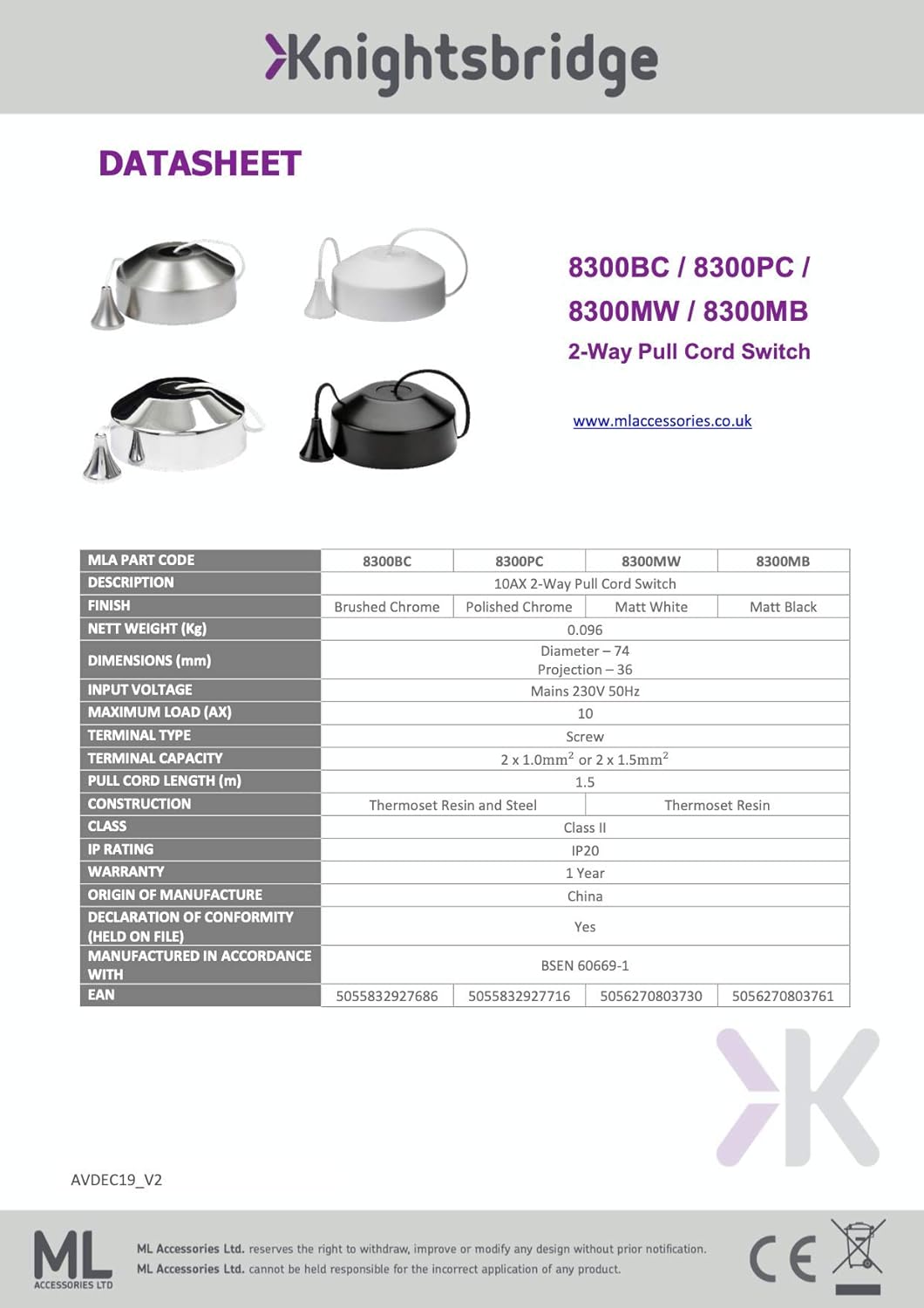 Knightsbridge 8300MB 2 Way Pull Cord Light Switch in Matt Black, 36.0 mm*74.0 mm*74.0 mm - Image 5