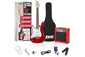 LyxPro Left Hand 36 Inch Electric Guitar and Kit for Lefty Kids with 3/4 Size Beginner’s Guitar, Amp, Six Strings, Two Picks, Shoulder Strap, Digital Clip On Tuner, Cable and Soft Case Gig Bag - Red