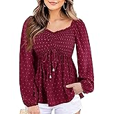 Imysty Womens V Neck Smocked Peplum Tops Balloon Long Sleeve Swiss Dot Ruched Blouses Shirt