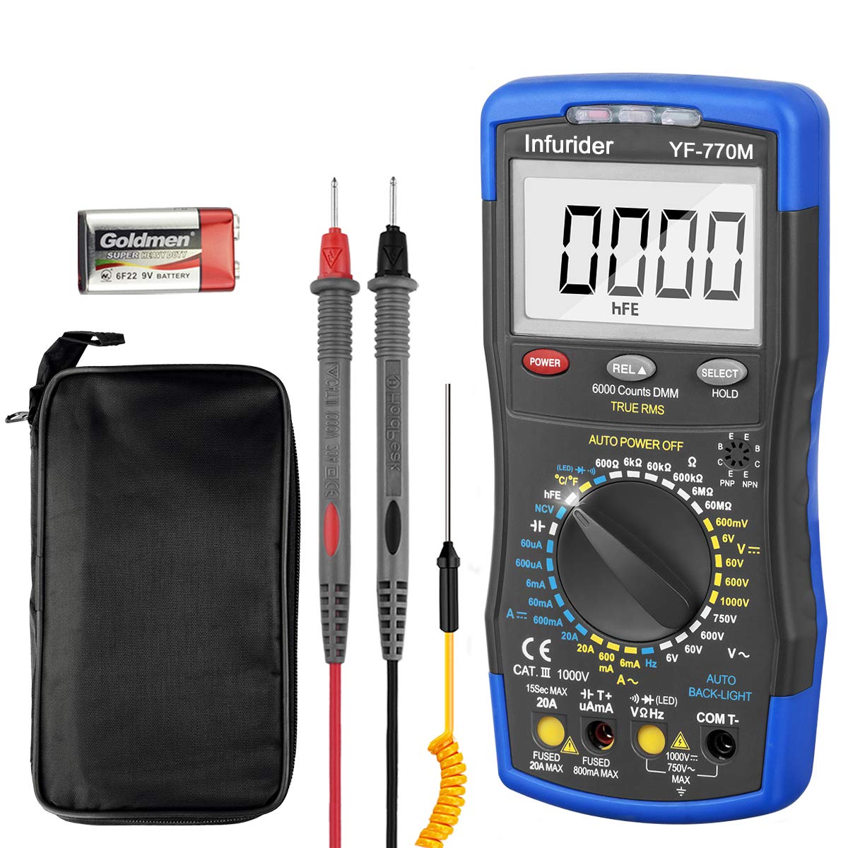 Digital Multimeter,INFURIDER YF-770M 6000 Counts Manual and Auto Range AC/DC Voltage Amp Ohmmeter Tester Meter with Diode Continuity,Cap,Temp and Mechanical Protection