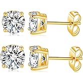 MDFUN 18K White/Yellow Gold Plated Stud Earrings for Men Women 4 Prong Graduated Round Clear Cubic Zirconia Hypoallergenic Earrings Set 3-8mm