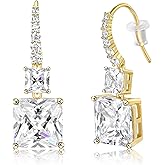 MDFUN Dangle Earrings 18K White/Yellow Gold Plated Round/Square Cut Halo Clear Cubic Zirconia Drop Earrings for Women Hypoallergenic