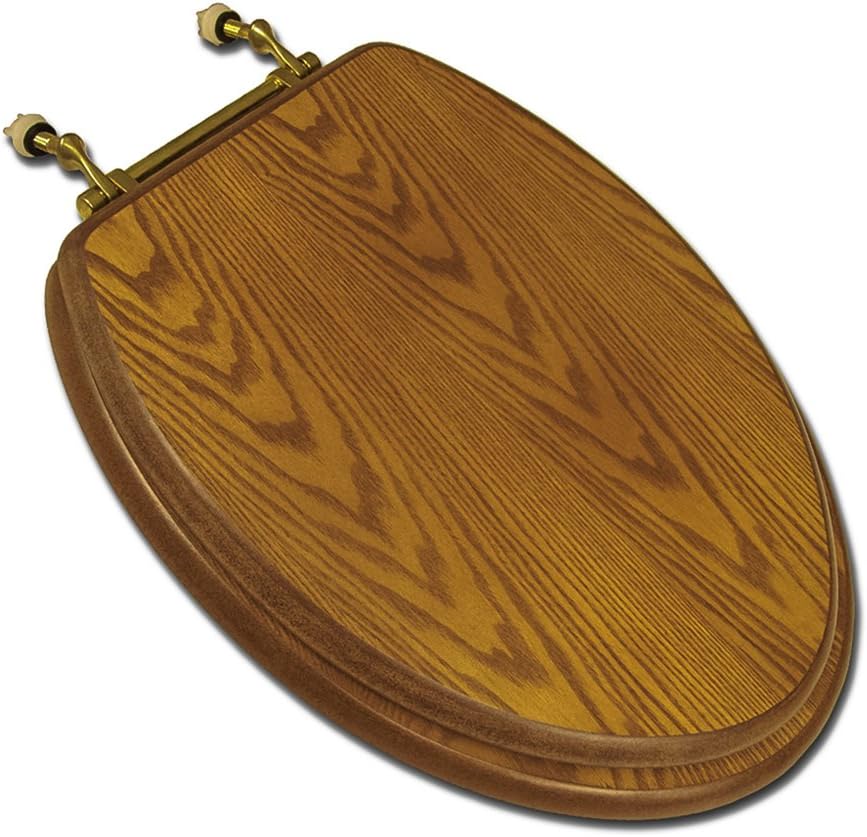 Comfort Seats C1B2E118BR Decorative Oak Wood Elongated Toilet Seat with Polished Brass Hinges
