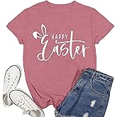 Ascrazy Happy Easter Shirts for Women Bunny with Leopard Glasses T-Shirt Floral Rabbit Tee Tops