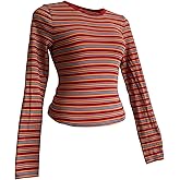 Milumia Women's Y2k Striped Long Sleeve Top Crew Neck Fitted Going Out Crop Tee Tshirt