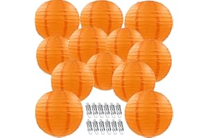 NUDALA 12pcs Orange Paper Lanterns with 12pcs White LED Lights, 6" 8" 10" 12" Round Hanging Chinese/Japanese Ball Lantern for Wedding Anniversary Birthday Party Decorations