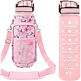 Newfad 32 oz Water Bottles with Straw & Strap, Motivational Water Bottles with Times to Drink, BPA Free Reusable Sports Water Bottle with Sleeve Carrier for Hiking, Travel, Running or Fitness