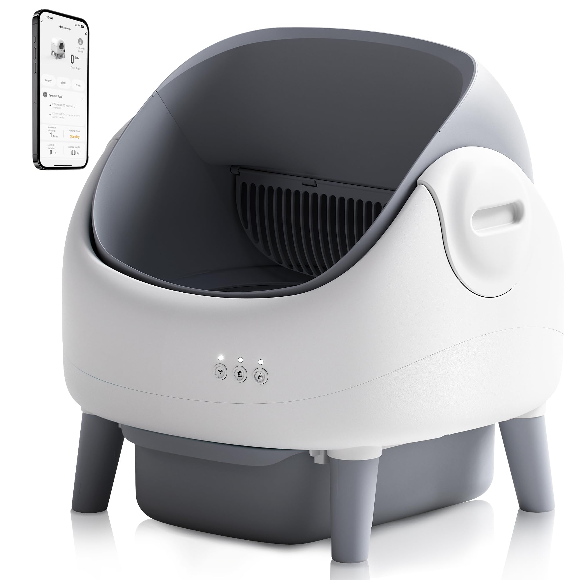 Photo 1 of Open-Top Self Cleaning Litter Box, Automatic Cat Litter Box with APP Control, Dual Safety Sensors, Includes Trash Bags, Grey-White