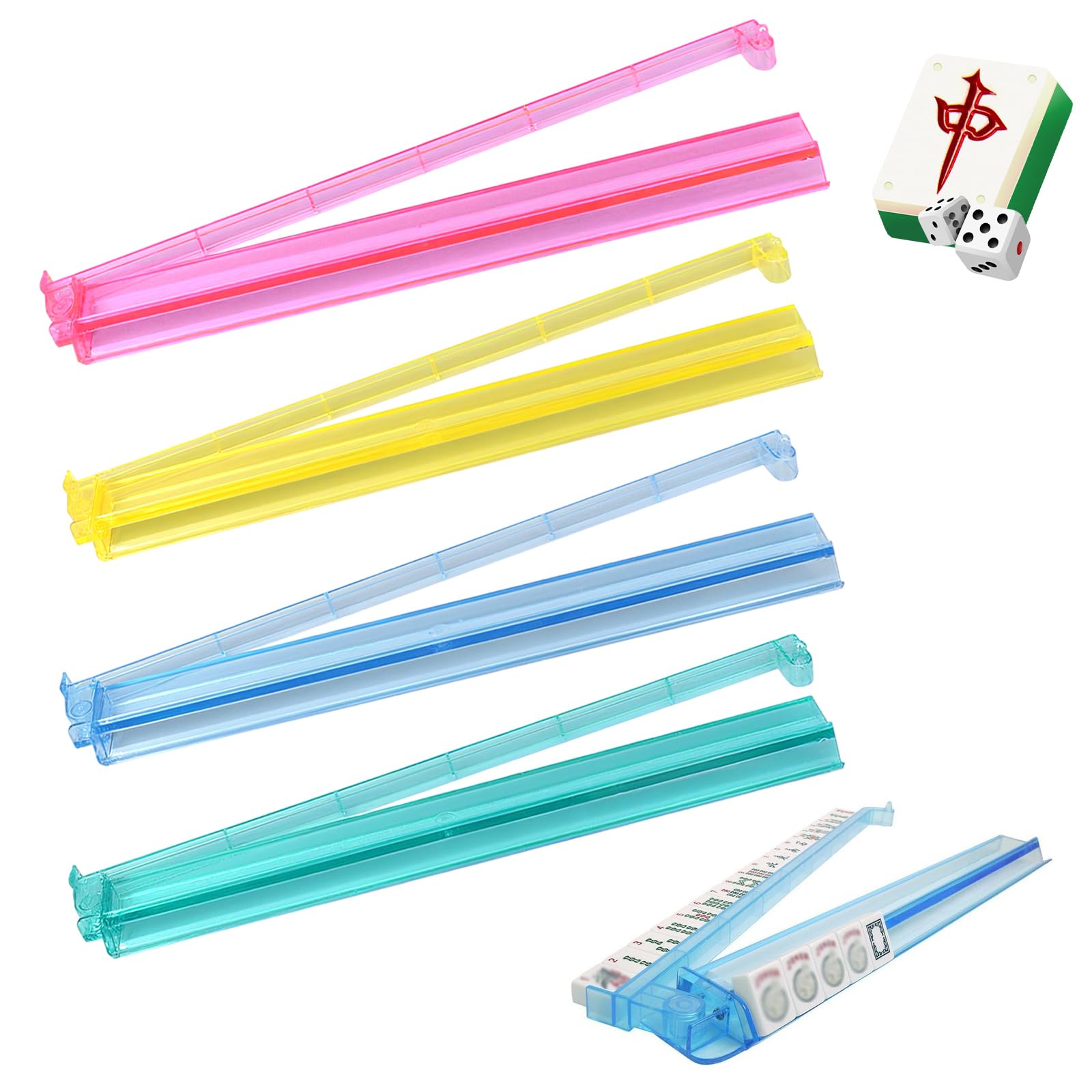 Kenmohuo Mahjong Racks with Pushers Set of 4, Clear Multicolor Mahjong Pushers Racks, Set of 4 All-in-One Tile Rack & Pusher, Acrylic Board Game Accessories, Mah Jongg Accessories