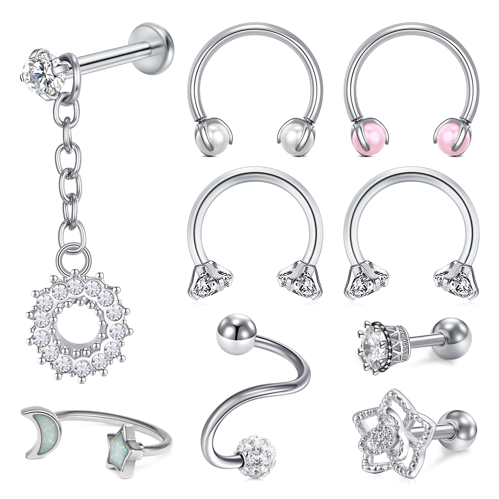 D.Bella 9 Pcs Helix Tragus Earrings Hoop for Women Stainless Steel Tragus Jewelry Cartilage Earring 16G Tragus Earrings Studs Lip Labret Piercing Jewelry