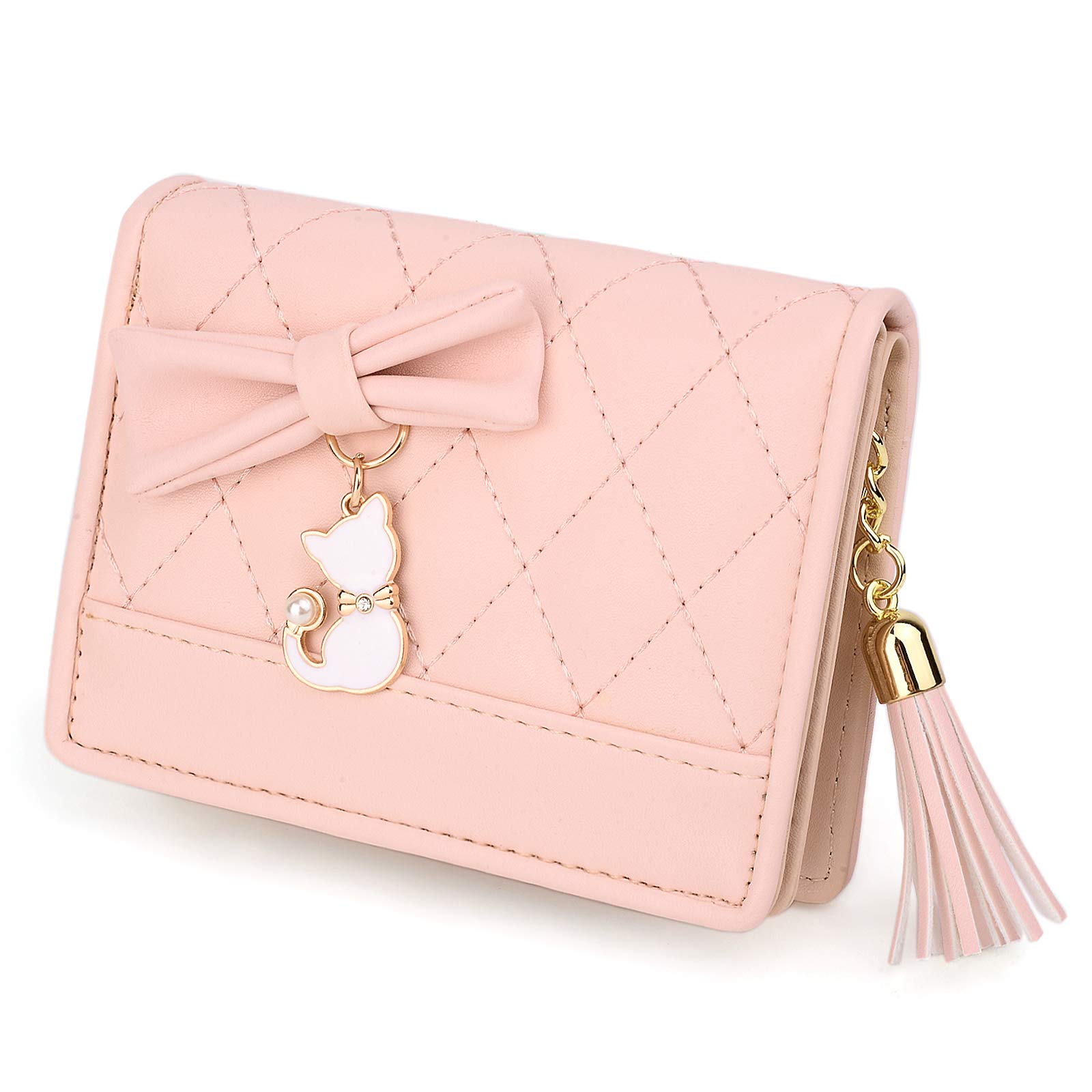 UTO Women Small Wallet Card Purse Zipper Coin Pocket Cat Pendant Bow Deco PU Leather Pink