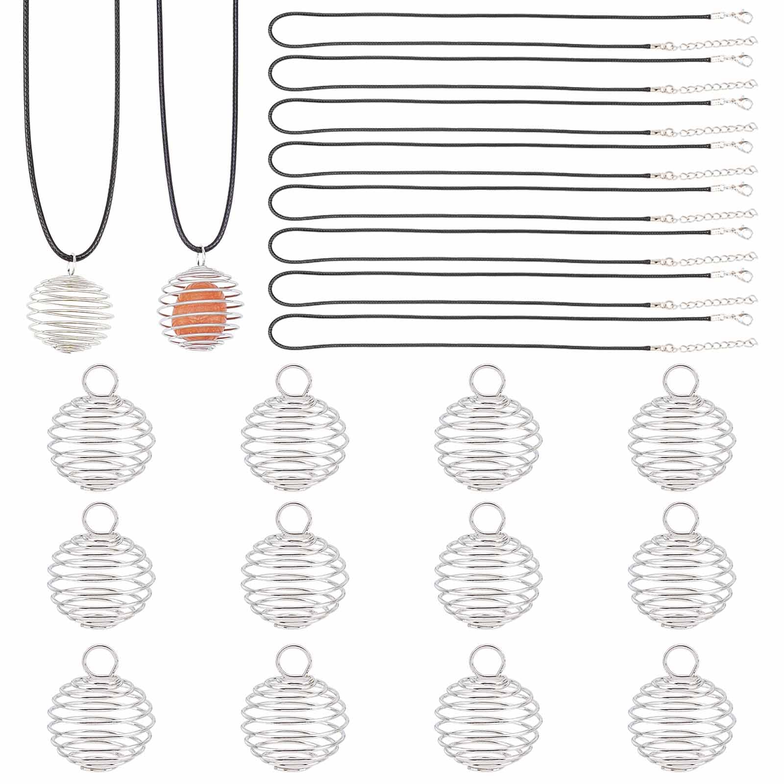 SUNNYCLUE 50Pcs Spiral Cage Pendants Necklace Making Kit Including 40Pcs Wire Cage Stone Holder 10Pcs Cotton Cord Necklace for Beginners DIY Jewellery Making Crafting
