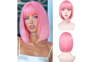 T-color Pink Bob Wigs for White Women - 12'' Short Bob Wigs With Bangs Natural Fashion Synthetic Wig Colorful Synthetic Hair for Daily Cosplay Halloween