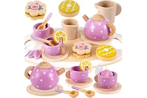 BUYGER Wooden Tea Party Set for Toddler Little Girls 3-5 with Teapot Tea Cup Set Wooden Play Food Toy Kitchen Accessories for Kids Girls Children Boys Toddler