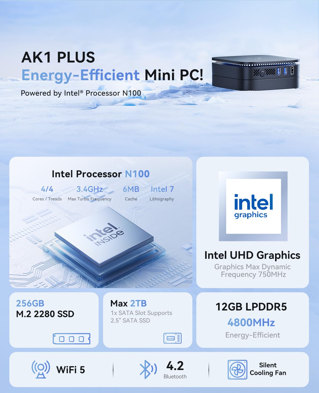 CHUWI Mini PC - Windows 11 Home, Intel N4100 Quad Core 2.7GHz, 8GB RAM, 256GB SSD, Black