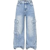 WDIRARA Girl's Rhinestone Elastic Waist Cargo Jeans Casual Baggy Wide Leg Denim Pants