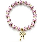 Vintage Beaded Charm Bracelet for Women - Handmade Stretch Floral Bow Design, Dainty Jewelry Gift for Her, Adjustable Romantic Bracelets for Everyday Wear