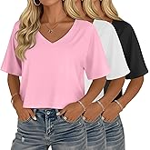 Velvelhall 3 Pack Women's Cropped Tops V Neck Half Sleeve Crop T-Shirts Raglan Sleeve Loose Fit Casual Summer Basic Tees