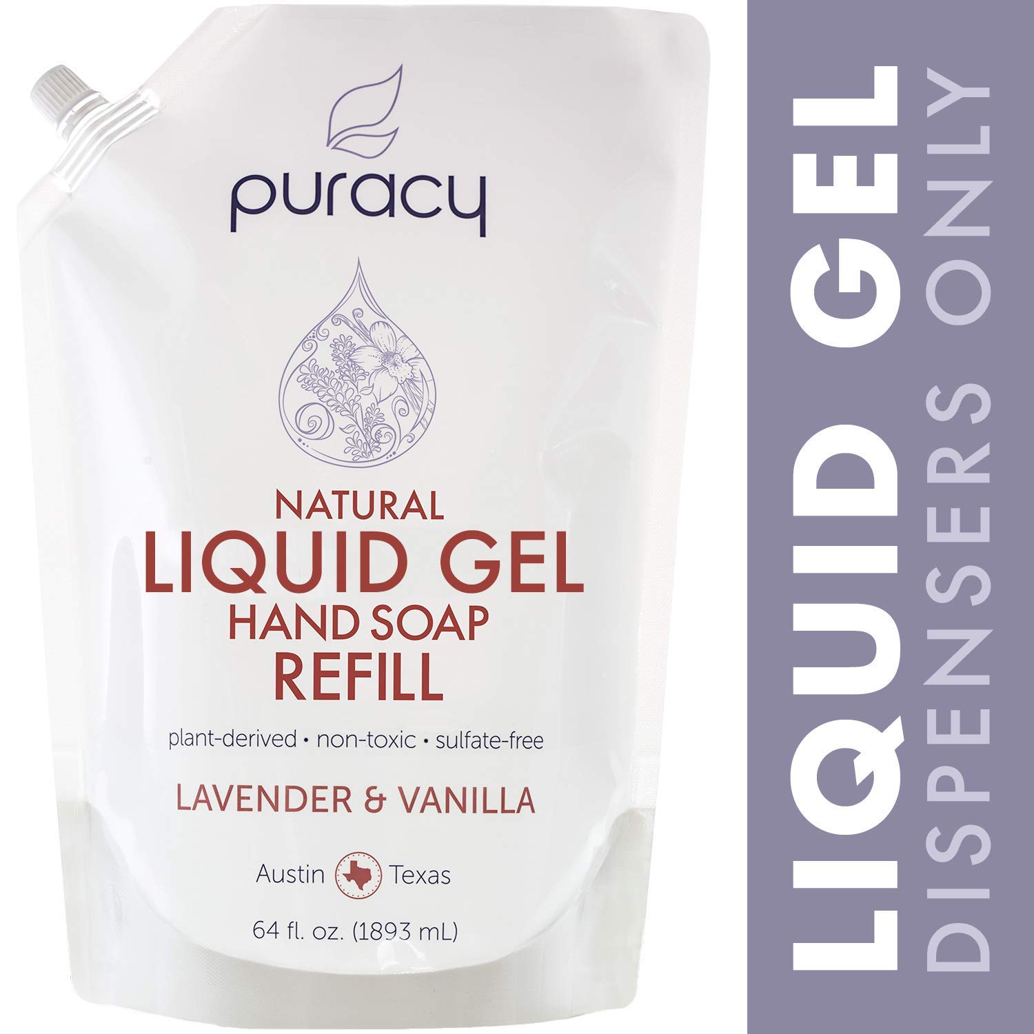 Puracy Natural Liquid Gel Hand Soap Refill, Lavender & Vanilla, SulfateFree Hand Wash, 64 Ounce