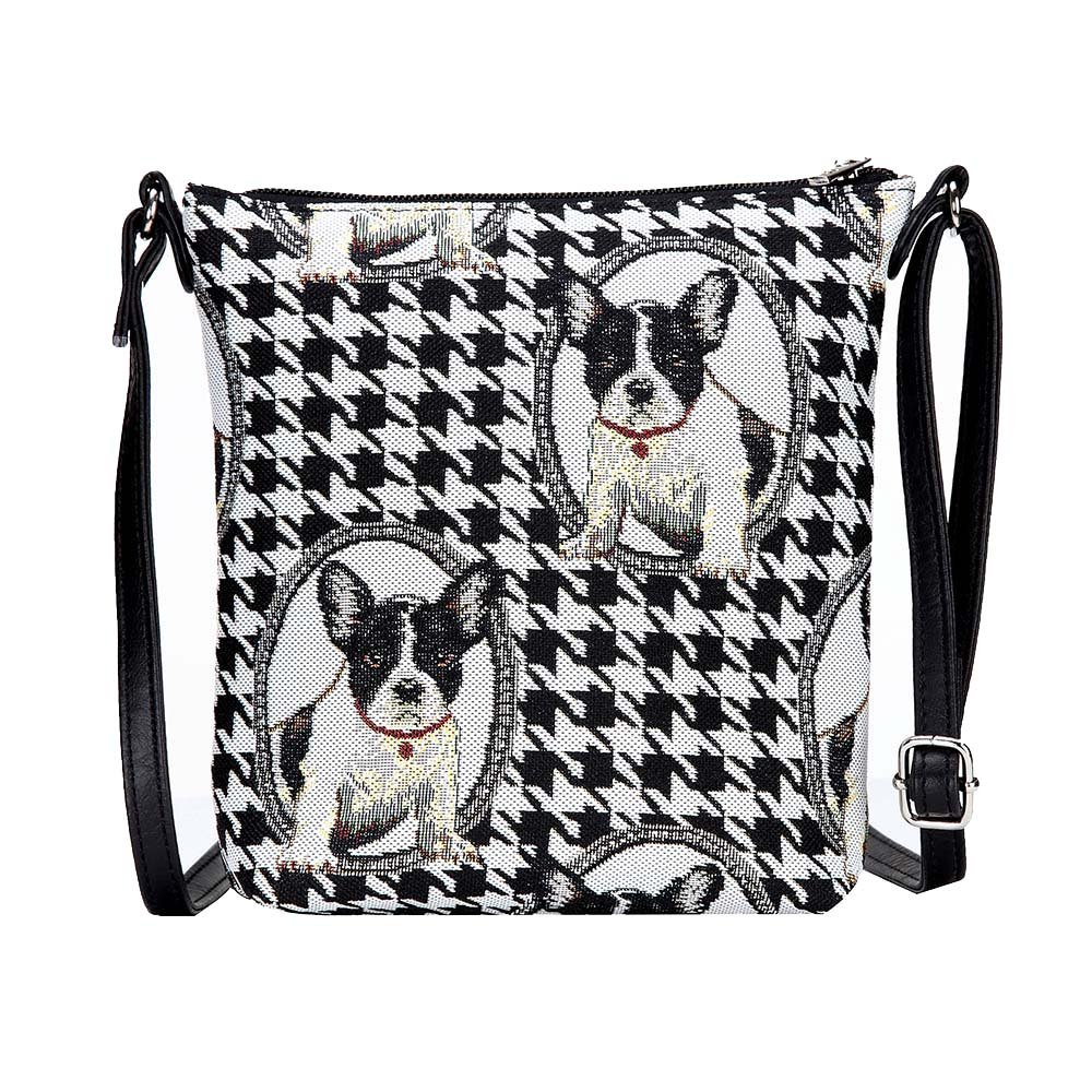 Signare Tapestry Women Lightweight Sling Cross Body Satchel Bag French Bulldog with Black & White Dogtooth Check (SLING-FREN)(Size: M)