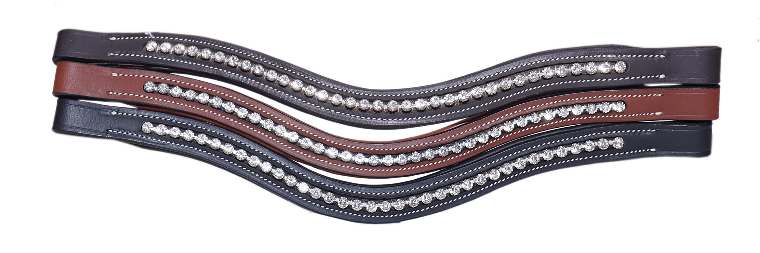 Majestic Ally Curved Crystal Padded Premium Leather English Browband for Horse Bridle (Chestnut)