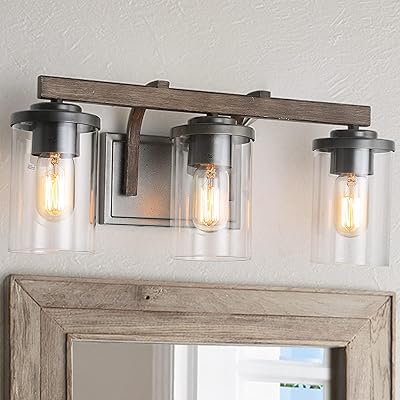 Buy Farmhouse Bathroom Vanity Light Fixtures Rustic Vanity Lighting With 3 Clear Glass Wood Bathroom Fixture Over Mirror L20 X H8 7 X W6 3 Rdquo Online In Indonesia B08h5gxksc
