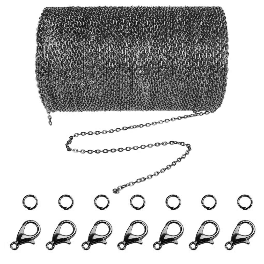 33 Feet Alloy DIY Link Chain Necklace with 30 Jump Rings and 20 Lobster Clasps for Men Women Jewelry Chain DIY Making (1.5 mm) (Black)