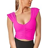 Women Workout Tops Sleeveless Yoga Longline Sports Bra Cutout Short Sleeve Crop Tank Top Gym Running Athletic Shirt U-Back