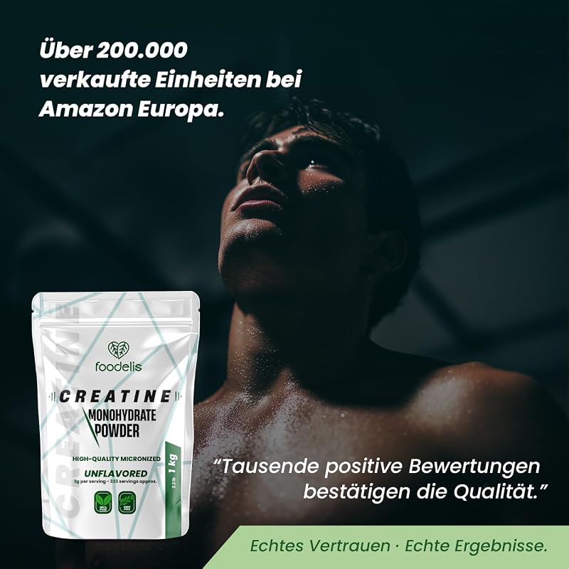 Creatin Pulver 1 kg – 100% Kreatin Monohydrat, mikronisiert – Ohne Zusätze – Gut löslich & geschmacklos – Mit Dosierlöffel – Vorrat für 333 Portionen