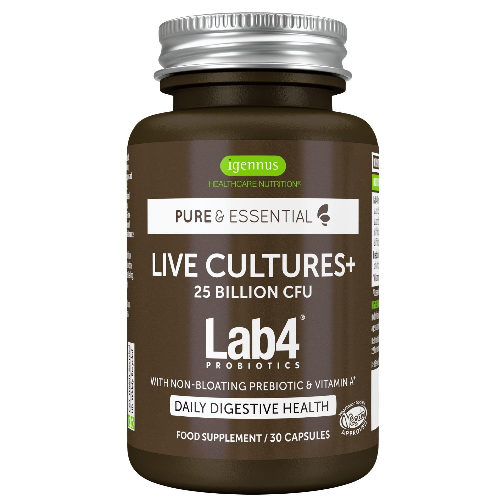 Igennus Probiotics & Prebiotics 2 in 1, Lactobacillus Acidophilus & Bifidobacterium, Live Cultures+ Lab4 for Gut Health, Guaranteed 25 Billion CFU, Bloating Relief, for Women & Men, 30 Vegan Capsules