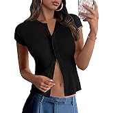 PRETTYGARDEN Women's Short Sleeve Summer Tops 2025 Trendy Ribbed Knit Button Up Tight Basic Tees Shirts Going Out Y2K Clothes