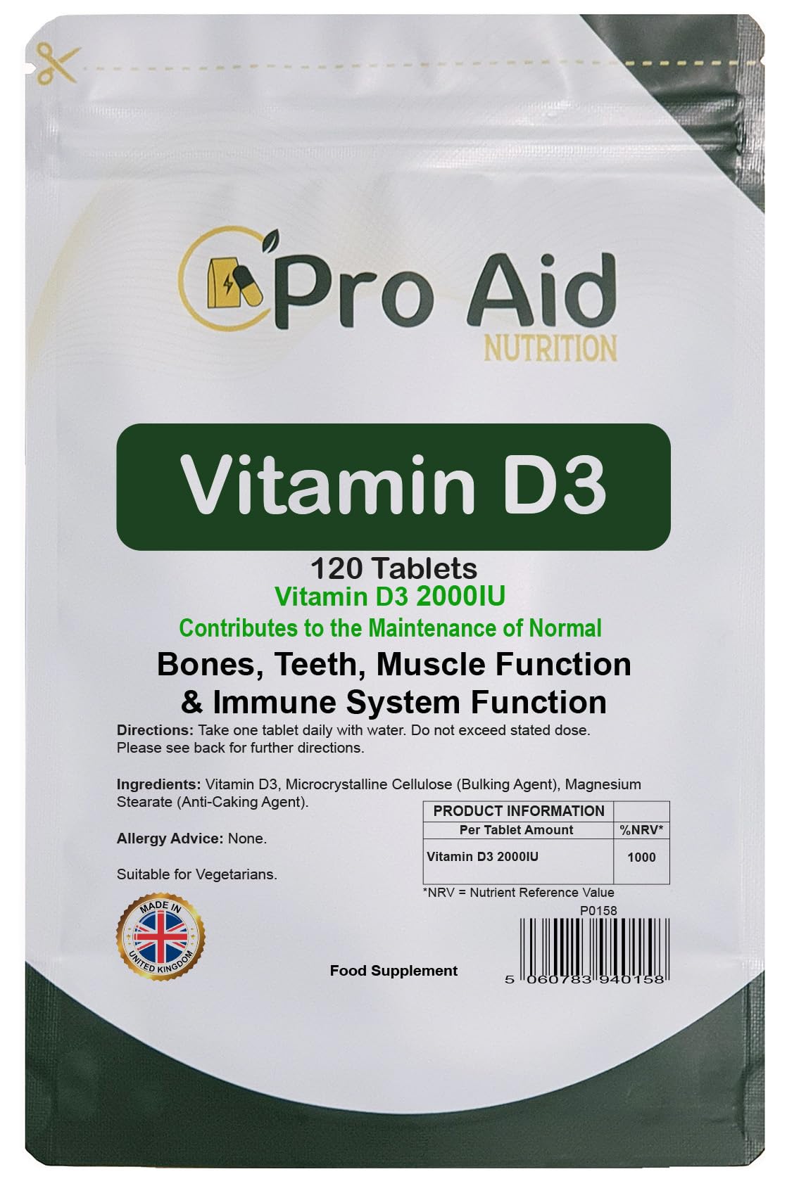 Vitamin D3 2000IU Premium Tablets |120 Pack | by ProAid | Easy to Swallow | One a Day | Letterbox Friendly | Made in UK