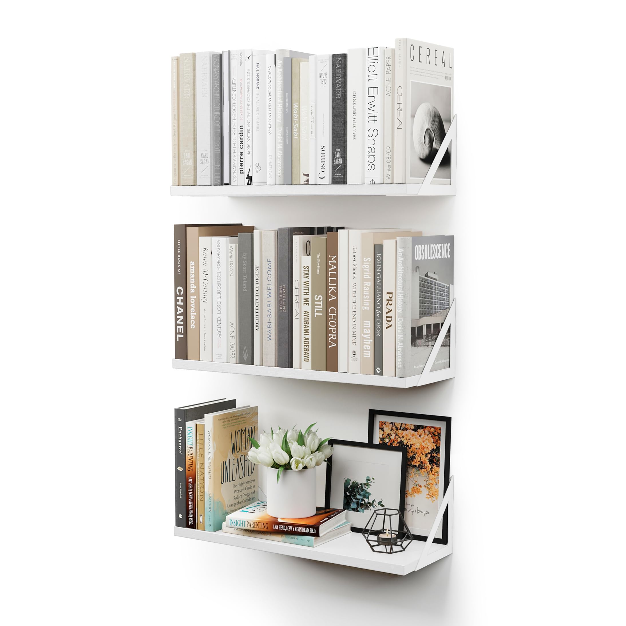 CASSA TOKO Wall Mounted Floating Book Shelves for Wall Set of 3, Shelf Bookshelf for Bedroom Living Room Office Bathroom Kitchen Rustic Wood with Metal Bracket (White)