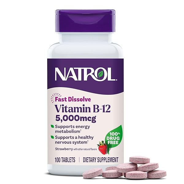 NATROL VITAMIN B12 5,000 MCG, FAST DISSOLVE VITAMIN B12 SUPPLEMENT SUPPORTS A HEALTHY NERVOUS SYSTEM AND ENERGY METABOLISM, 100 TABLETS, UP TO A 100 DAY SUPPLY