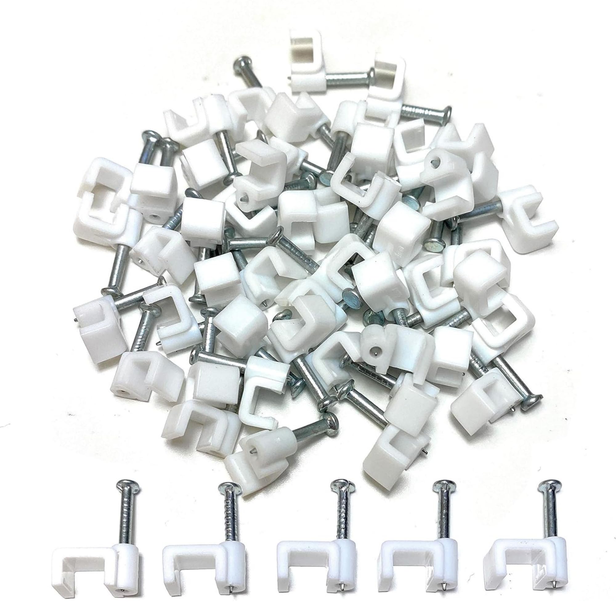 White Plastic Flat Electrical Wire Cable Clips TV Phone Internet Lead Fixings 50 pieces (6mm)