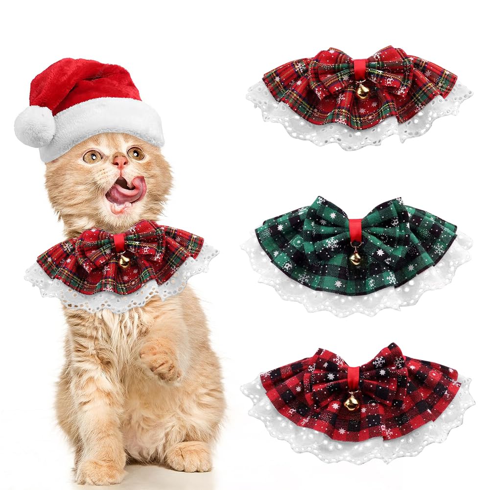 Christmas Cat Collar Set - 3PCS Holiday-Themed Pet Scarf with Bells, Festive Red Green Black Plaid Design, Perfect Xmas Decoration for Cats