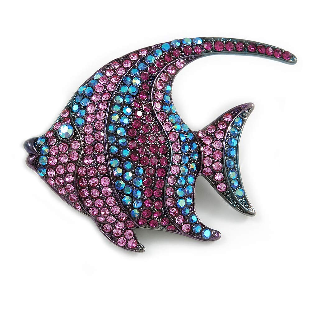 Statement Pink/Purple/Blue Crystal Fish Brooch In Gun Metal Finish - 55mm Long