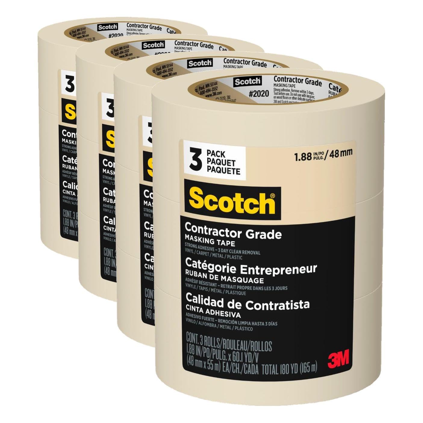 Scotch Painter's Tape Contractor Grade Masking, 3 Rolls, 1.88 in x 60.1yd, Holds to Surfaces for Upto 3 Days, Removes Easily Without Leaving Sticky Residue, Interior & Exterior(2020-48EP3)(Pack of 4) Image