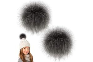 Pom Poms For Crafts, 2 Pcs Faux Furs Pom Poms for Hats Soft Fluffy Grey Balls, 4.7'' Snap On, DIY with Press Button for Knitt