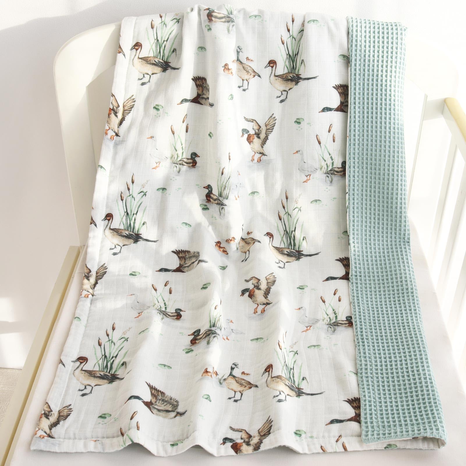 Photo 1 of LifeTree Waffle Baby Blankets, Muslin Swaddle Blanket for Boys Girls, 2 Layers Crib Stroller Receiving Blankets with Muslin Front and Waffle Backing Infant Newborn Mallard Duck