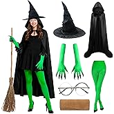 SPORTBANG Witch Costume Adult 6Pcs, Wicked Women Halloween Theme Outfit | Wicked Witch Costume Set Hooded Cape, Witch Hat,Classic Witch Accessories, Unisex For Halloween Carnival Themed Dress-Up