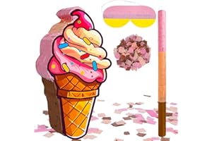 DONSAJI Ice Cream Pinatas Summer Themed Party Decorations with Stick Blindfold Confetti Ice Cream Cone Pinatas for Kids Girls Boys 16.4 x 9inches