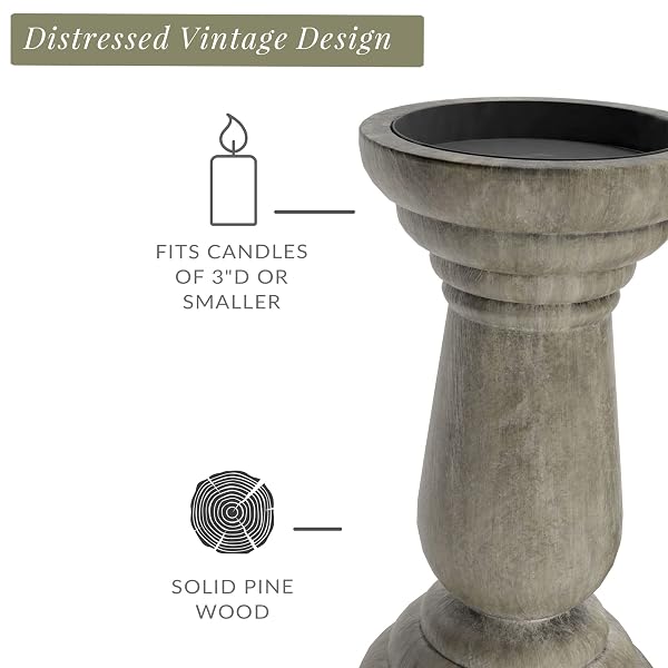 BARNYARD DESIGNS PILLAR CANDLE HOLDERS, TALL WOODEN RUSTIC FARMHOUSE CANDLESTICK HOLDERS FOR TABLE CENTERPIECE, SET OF 3, (4″, 6″, 8″), GREY