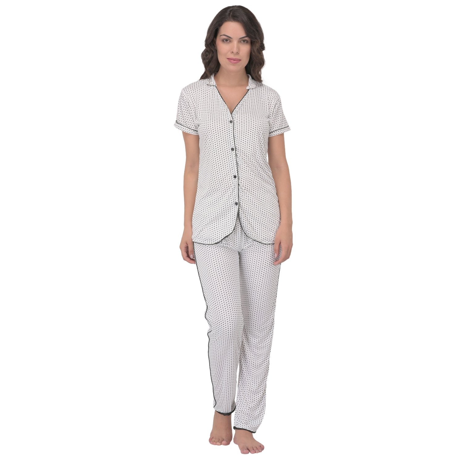 fabme women's polka dots satin night suit - shirt and pyjama