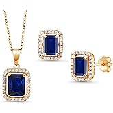 Gem Stone King 9X7MM and 8X6MM Emerald Cut Gemstone Birthstone Halo Pendant and Halo Earrings Jewelry Set For Women | 925 Sterling Silver | With 18 Inch Silver Chain