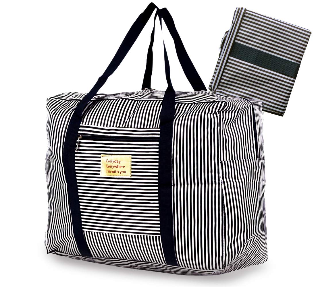折りたたみ 防水ボストンバッグ Lサイズ (ネイビー（持ち手) x ネイビー ストライプ)商品画像