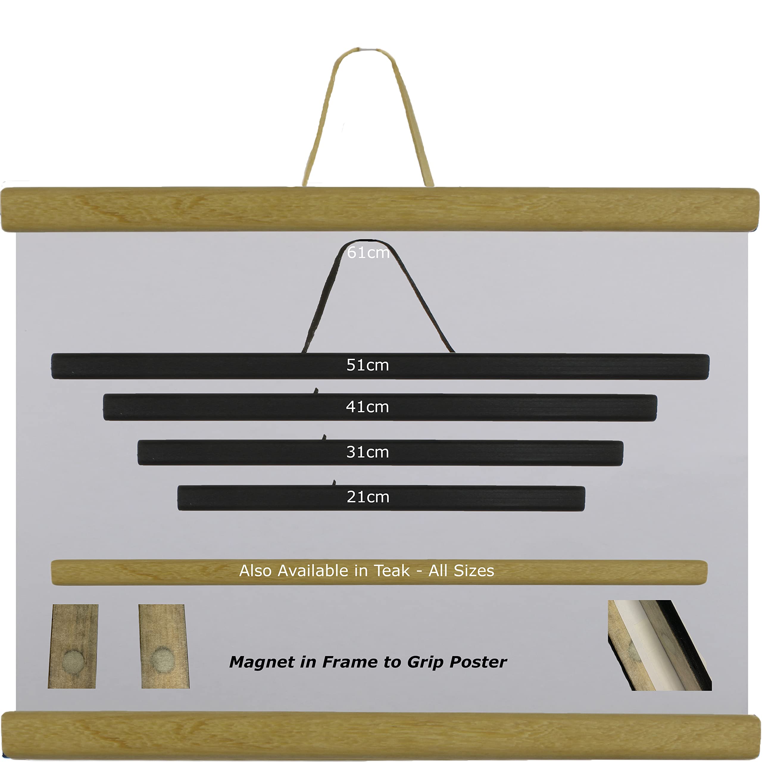 Magnetic Poster Hanger Picture Frame Wooden, Magnetic Picture Hanger, Hanging Frame Poster Holder, Solid Wood with Strong Magnets, Teak A4 Posters Size, 21cm