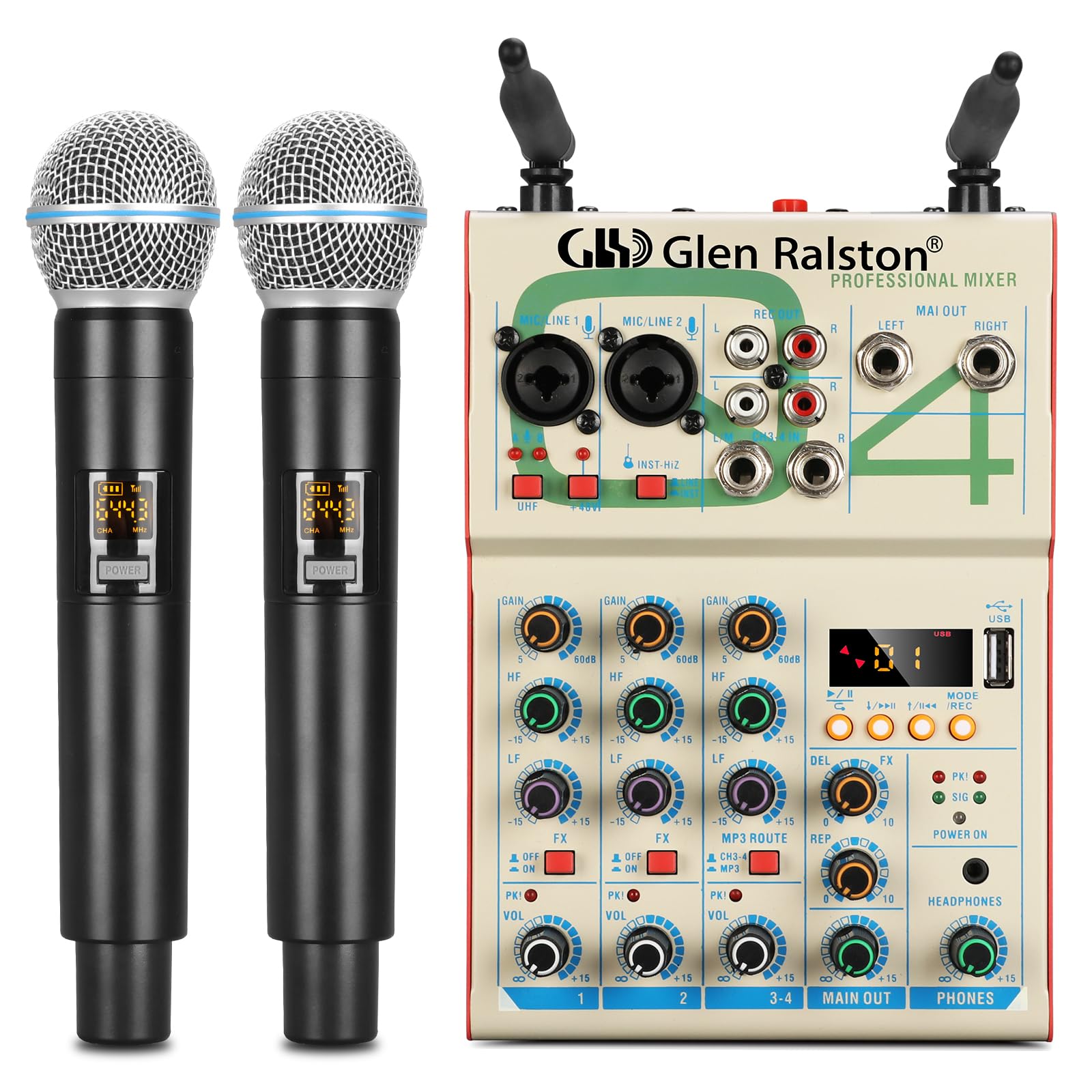 Photo 1 of Professional Q4 Audio Mixer, 4 Channel DJ Mixer With Dual UHF Wireless Microphone, MP3 Bluetooth 48V Phantom USB use for Live broadcast performance sing Home Karaoke Party Studio Recording